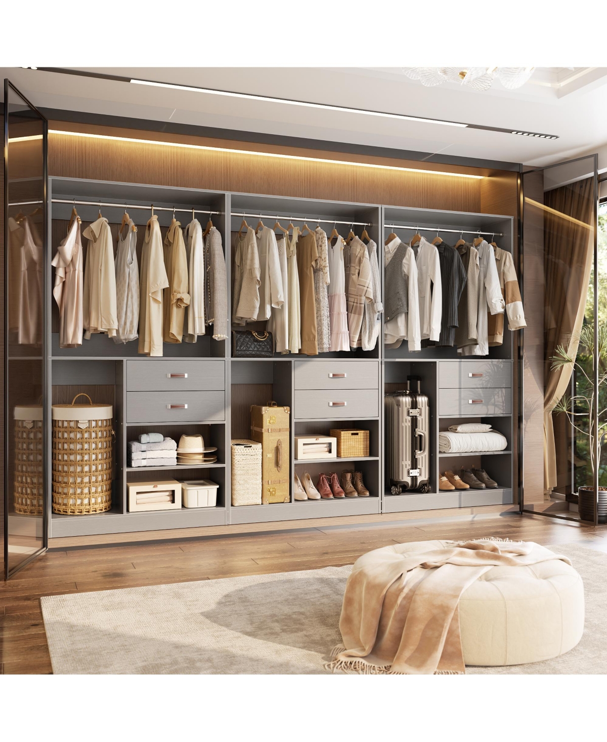 Aheaplus Closet Organizer Set of 3 with 6-Drawers, Wooden Closet System Set - Gray
