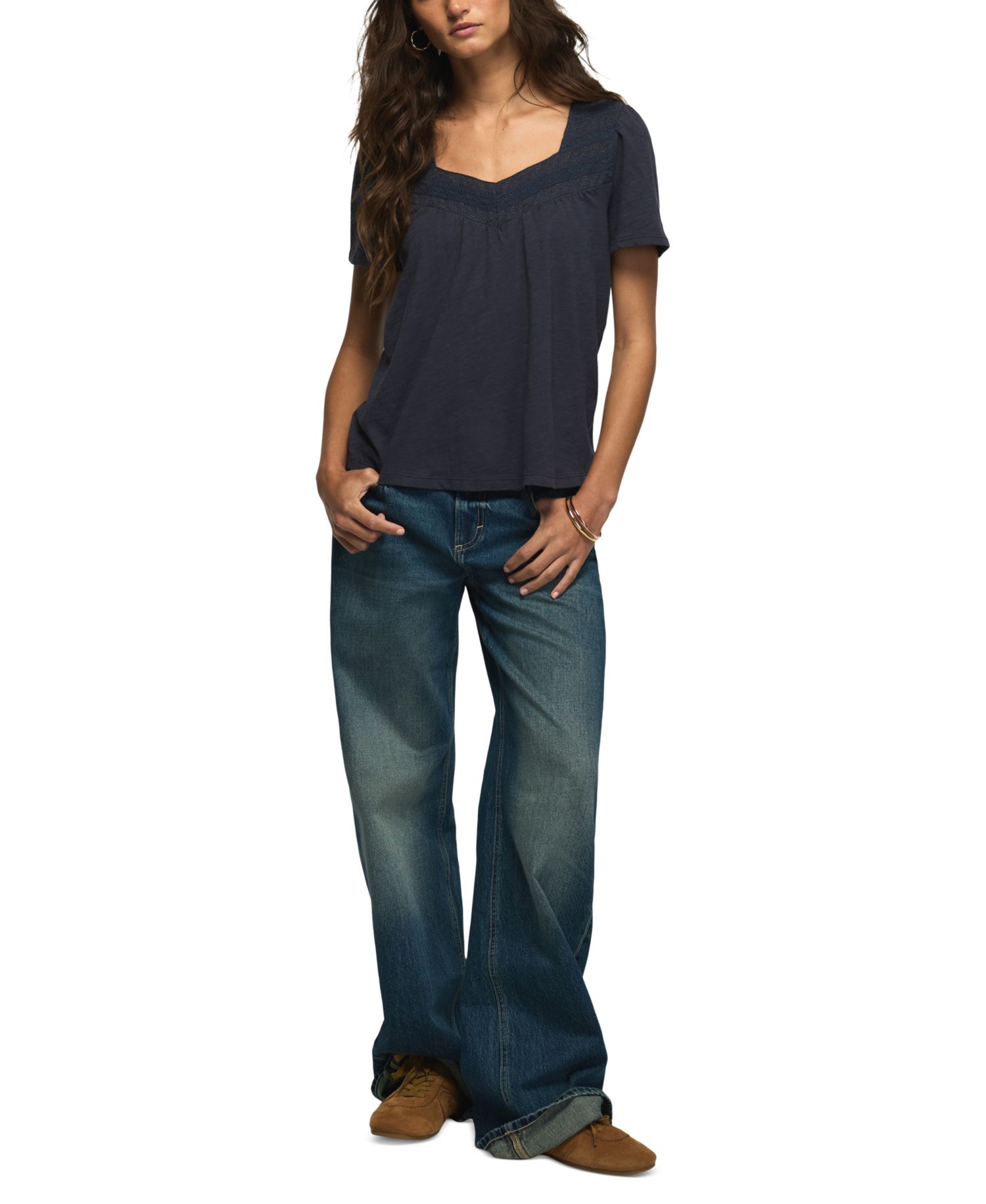 Women's Embroidered Yoke Square Neck Short-Sleeve T-Shirt