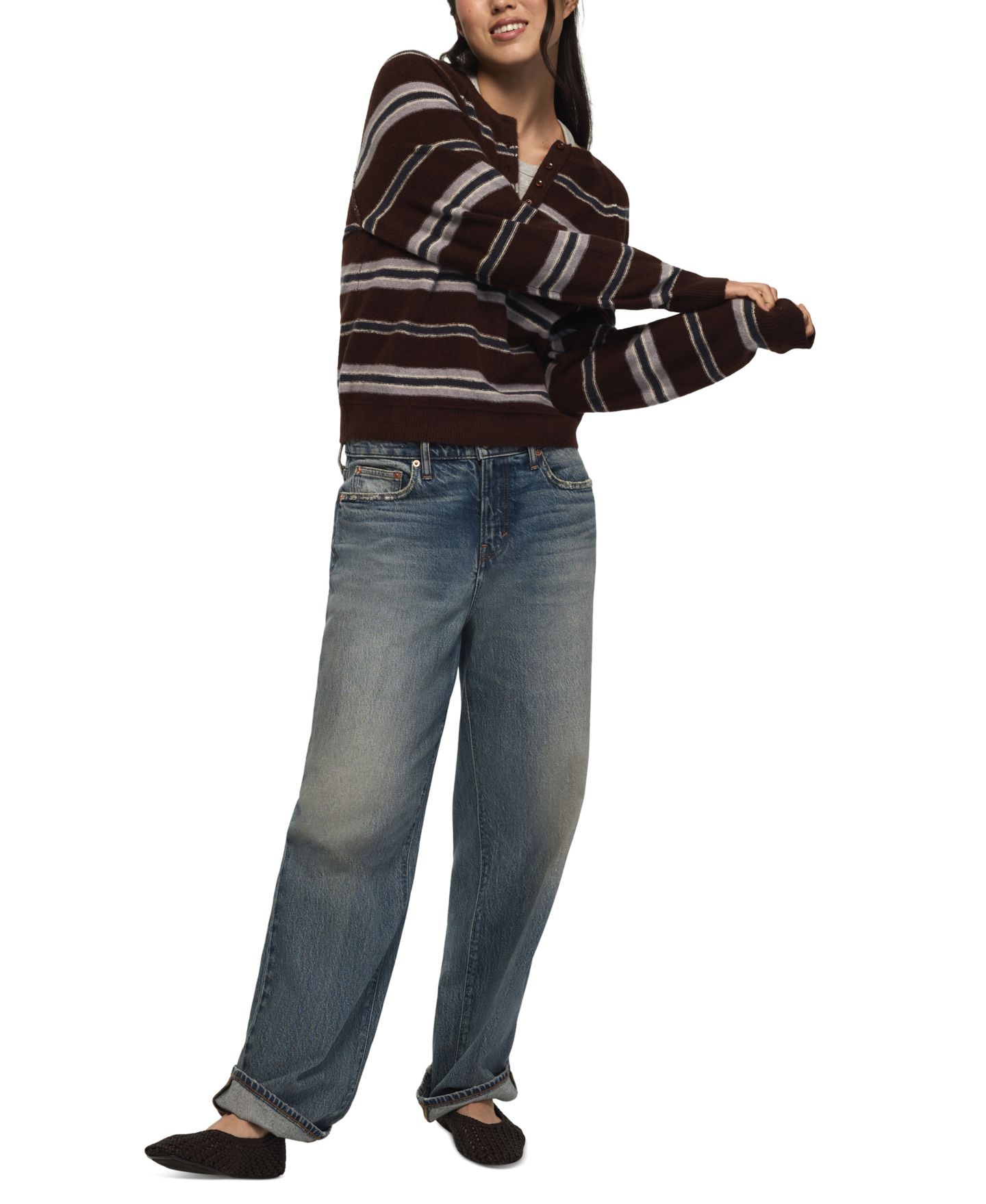 Женский свитер Lucky Brand Cloud Soft Striped Crewneck, цвет: Кофейный — фото 2