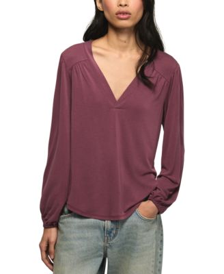 Women's Sandwash Long-Sleeve V-Neck Shirring Blouse
