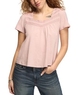 Women's Embroidered Yoke Square Neck Short-Sleeve T-Shirt