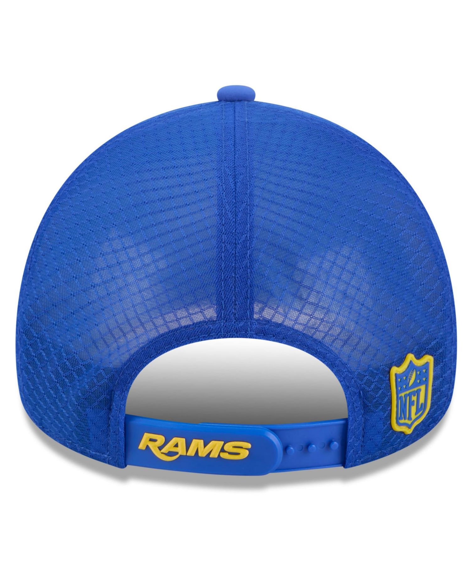 Big Boys and Girls Royal Los Angeles Rams 2026 Sideline Apex 9FORTY Adjustable Trucker Hat