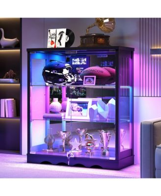 Display Cabinet with Glass Doors, RGB Lights, Lock and 3-Tier
