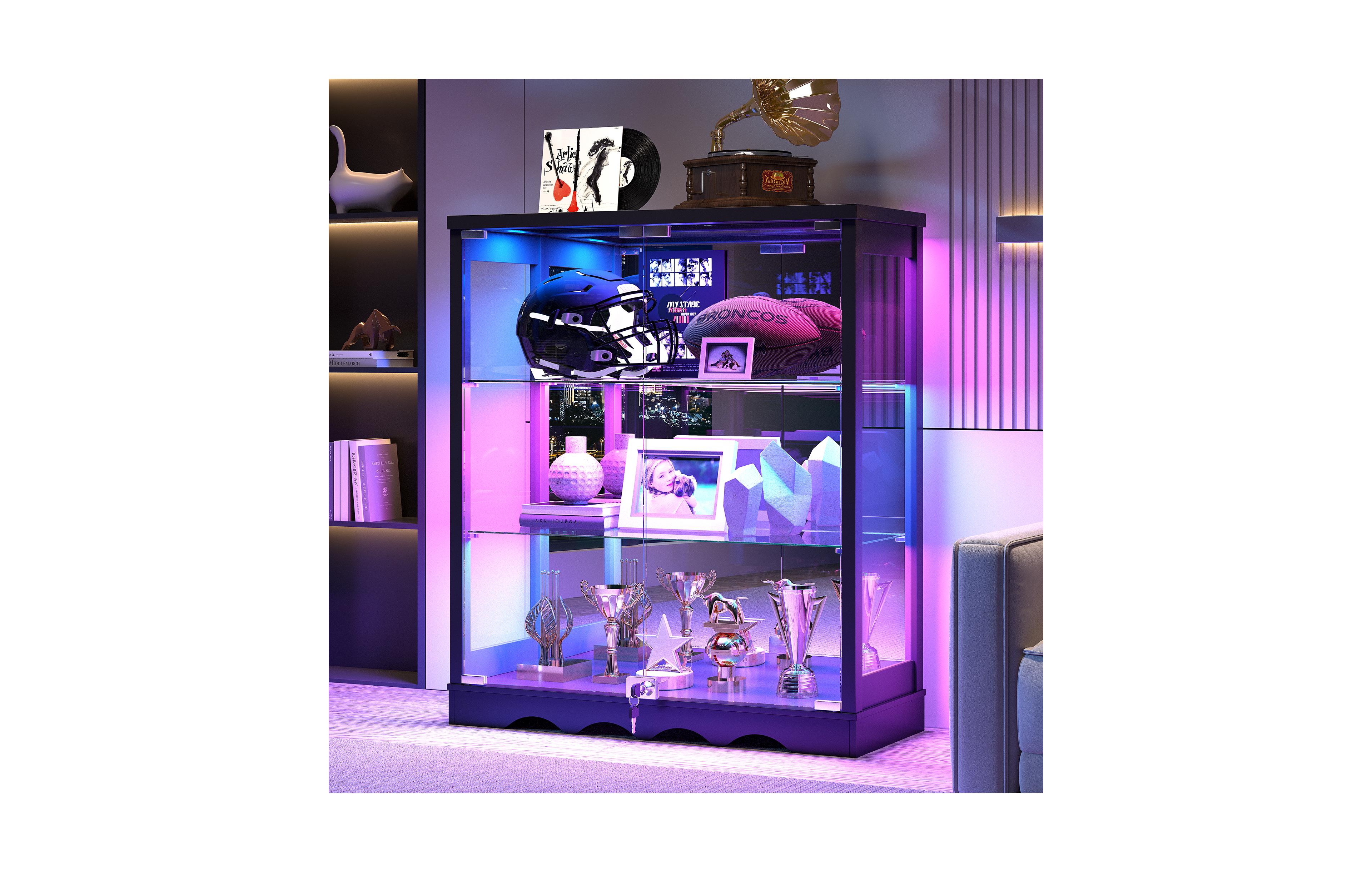 Vlsrka Display Cabinet with Glass Doors, Rgb Lights, Lock and 3-Tier