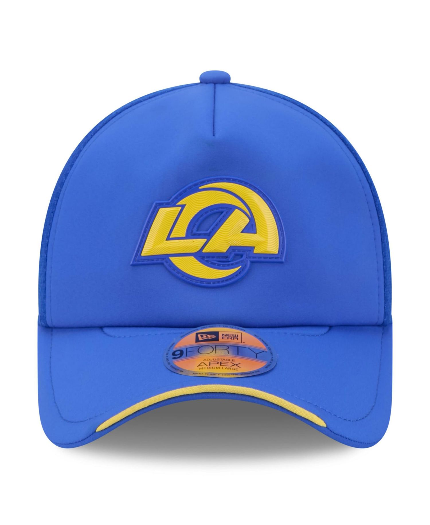 Big Boys and Girls Royal Los Angeles Rams 2026 Sideline Apex 9FORTY Adjustable Trucker Hat