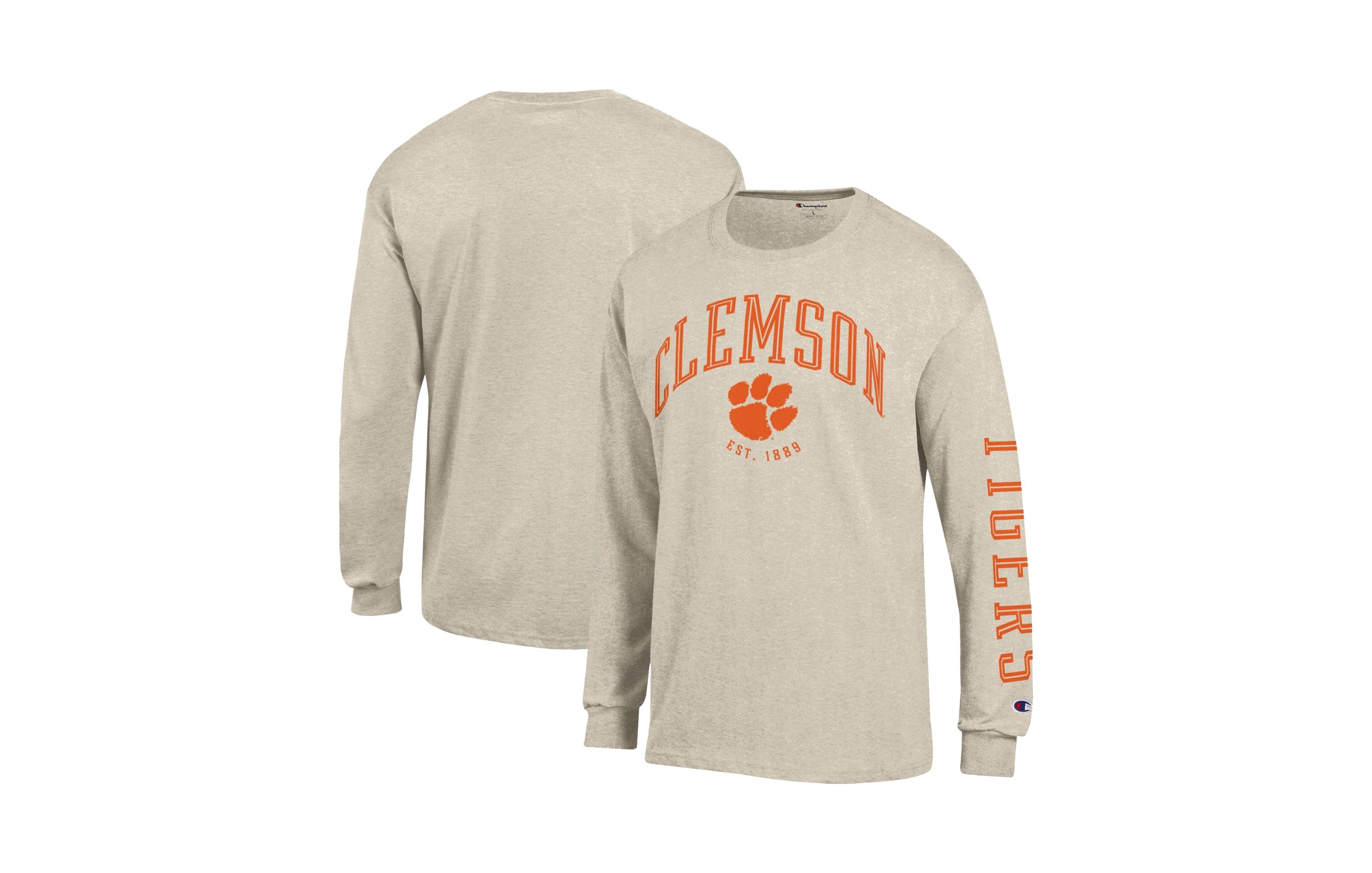 Champion Men's Heather Oatmeal Clemson Tigers Neutral Arch Long-Sleeve T-Shirt