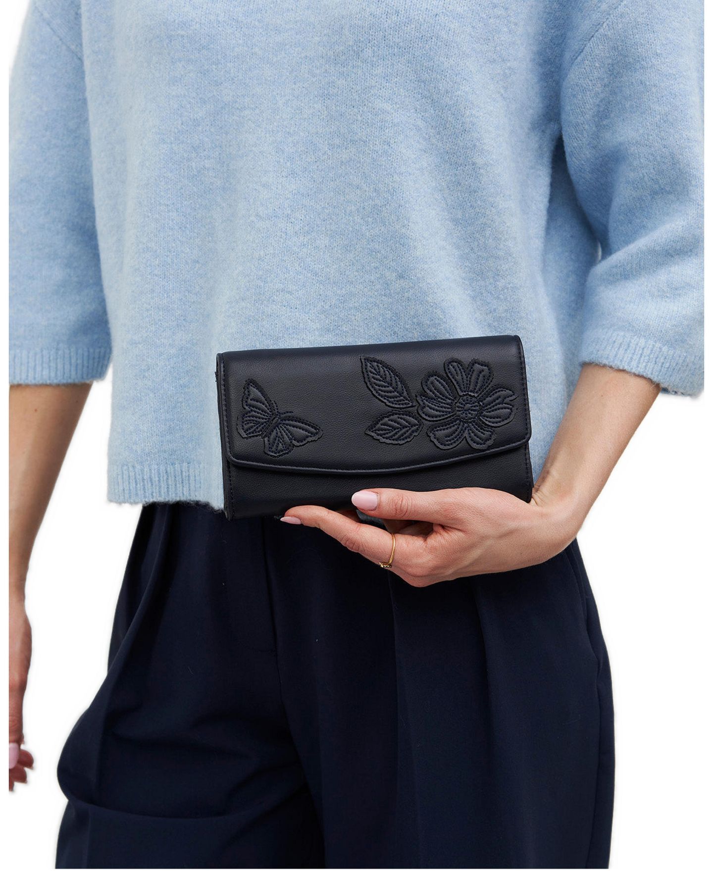 Женский кошелёк Fable England Floral applique Long Wallet, цвет: Тёмно-синий — фото 2