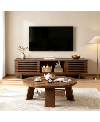 Coffee Table and TV Stand Set Modern Wood Round Table with Sliding Media Console Fits 43-65 inch TVs for Living Room Bedroom      