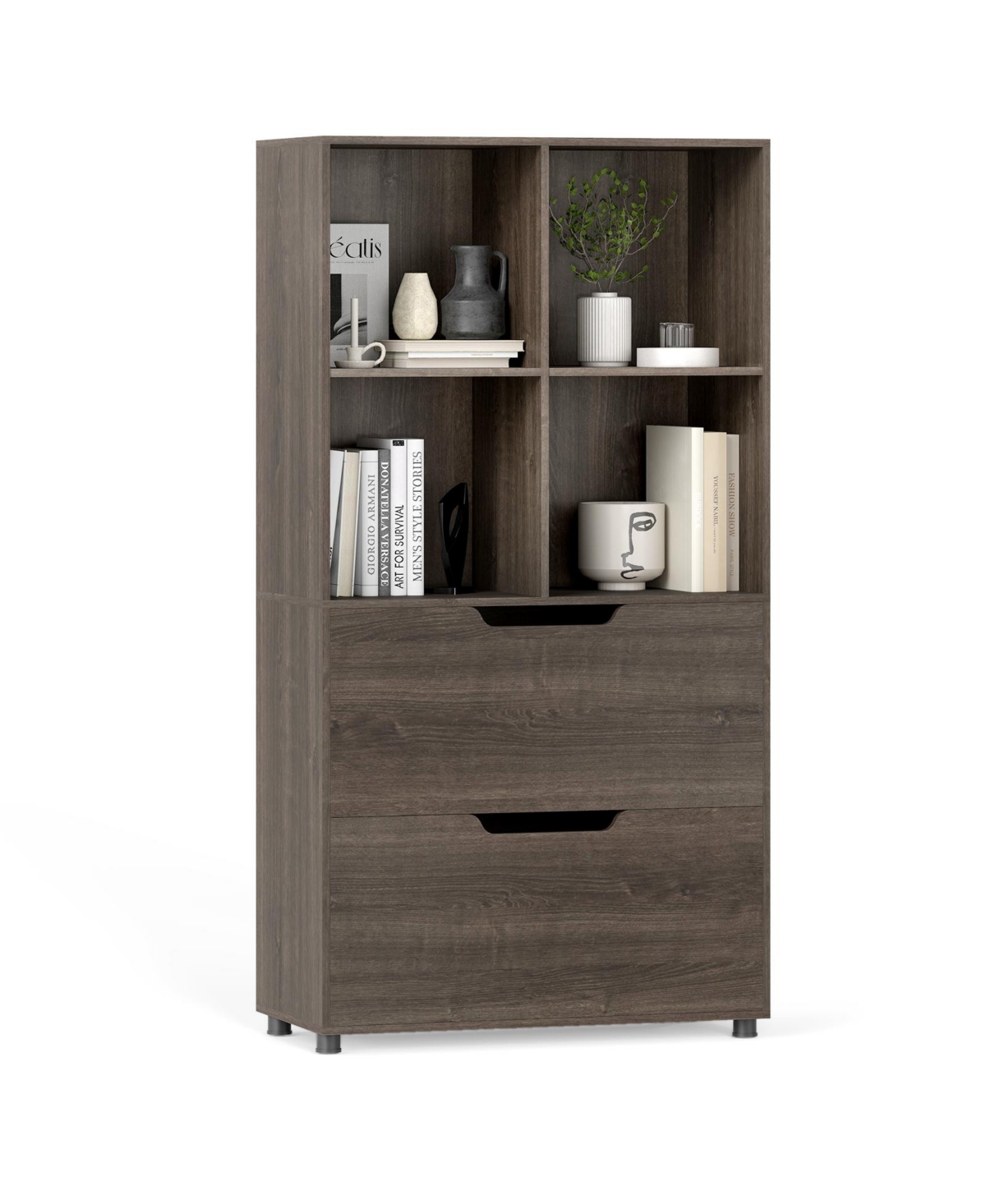 Mecale 4-Cube Bookcase with 2 Drawers 51 in 5-Tier Tall Freestanding Bookshelf - Gray