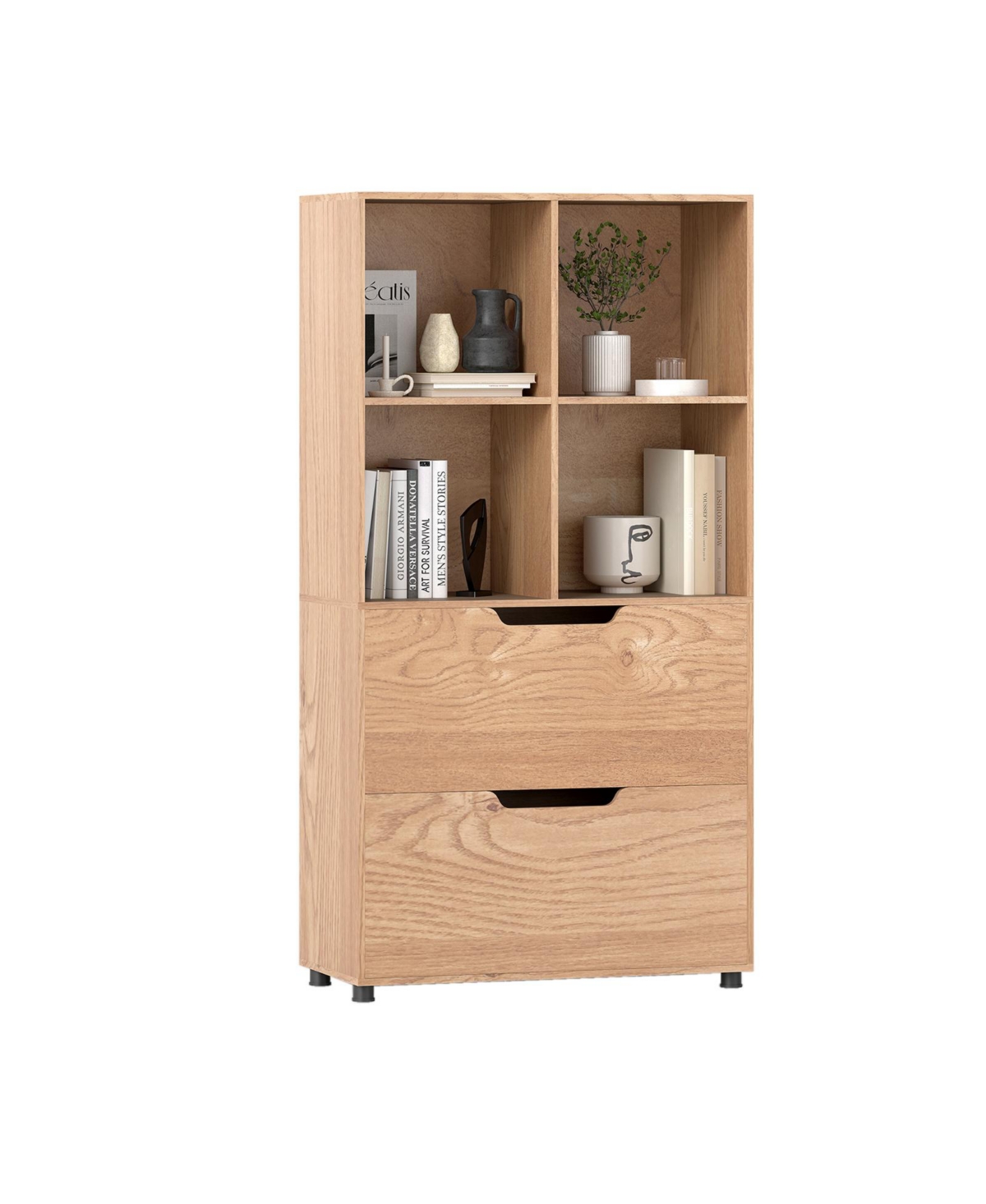 Mecale 4-Cube Bookcase with 2 Drawers 51 in 5-Tier Tall Freestanding Bookshelf - Natural