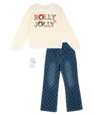 Girls' 4-16 Holiday Appliqu&eacute; Graphic Wide-Leg Sweatshirt, Denim Pants and Hair Accessory, 3-Piece Set