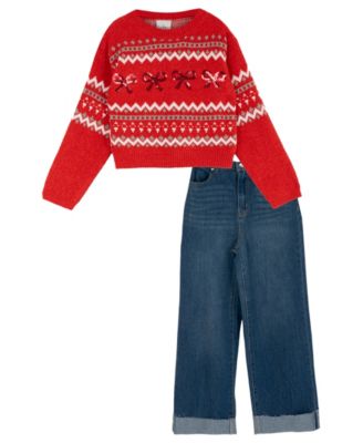 Girls' 7-12 Fair Isle Sequin-Bow Sweater and Wide-Leg Denim Pants, 2-Piece Set