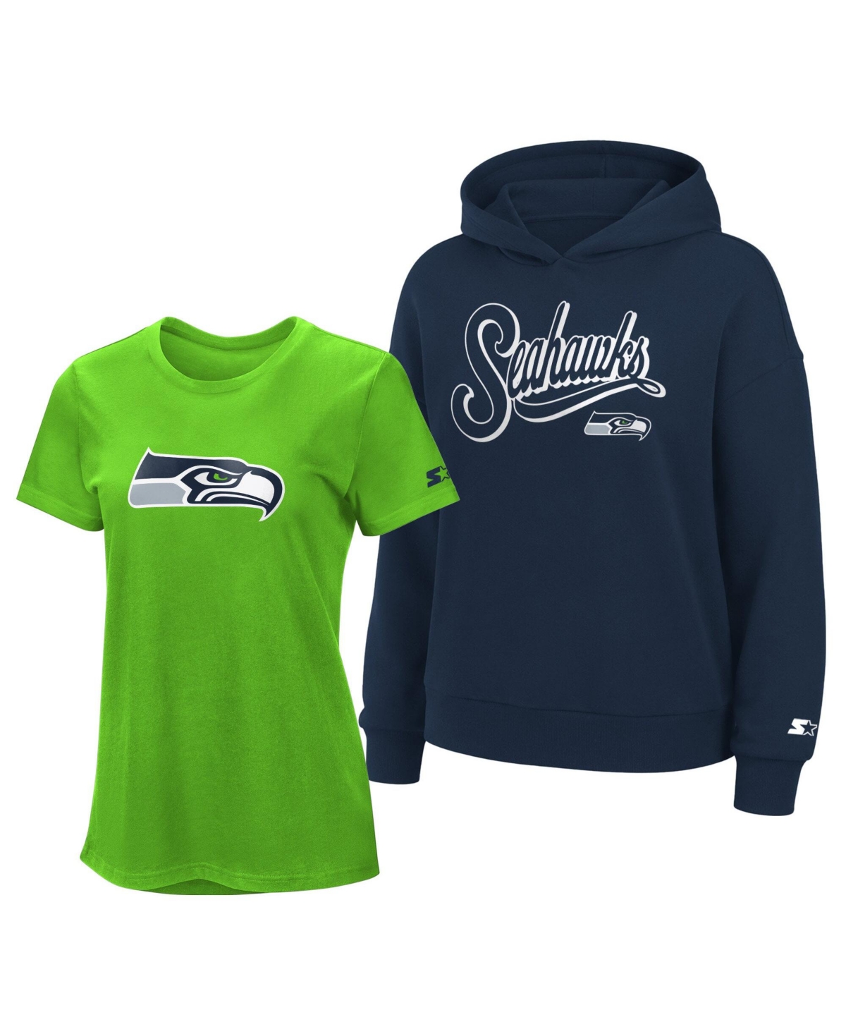 Starter Women's Neon Green/college Navy Seattle Seahawks Hoodie T-shirt Combo Pack In Blue