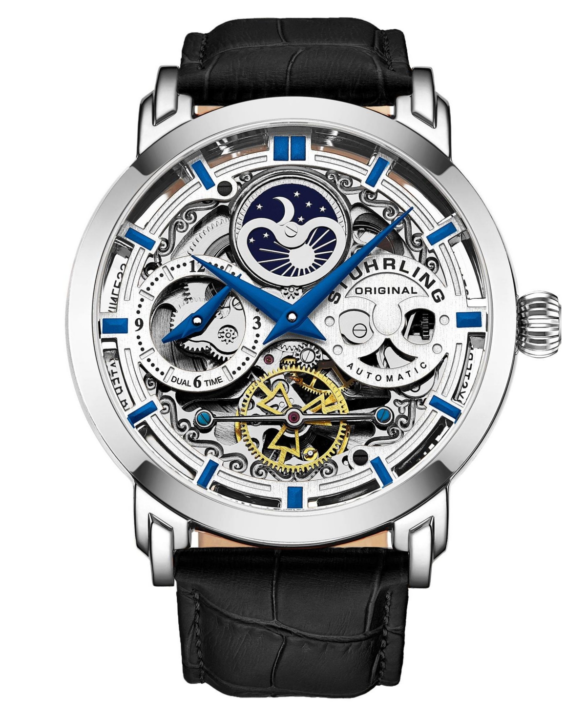 Stuhrling Anatol Automatic Skeleton DualTime Black Leather Watch 47mm  Silver