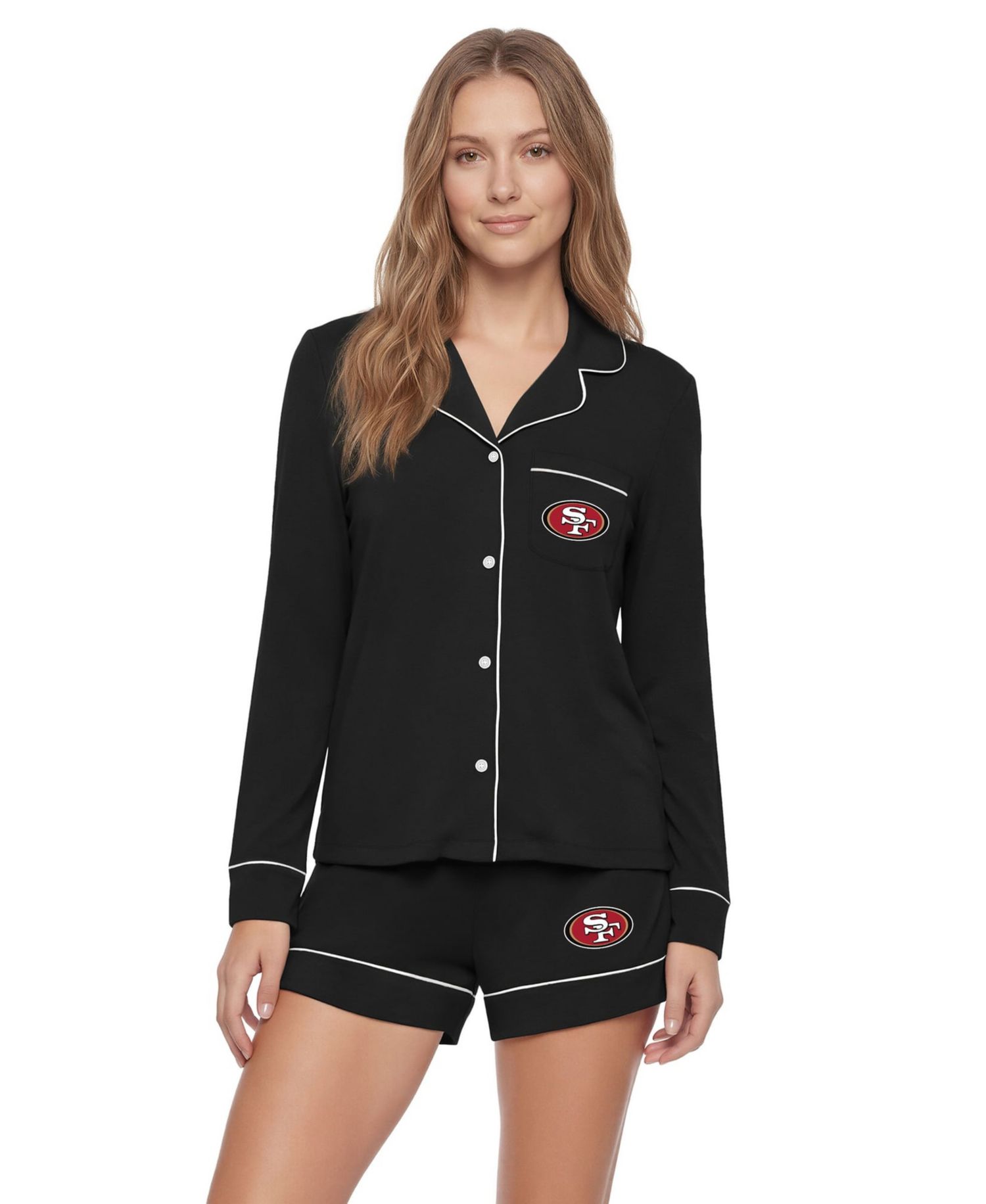 Women's Black San Francisco 49ers Medley Long Sleeve Button-Up and Shorts Sleep Set