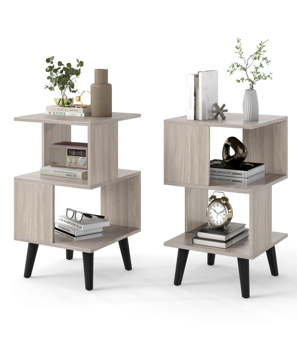 Mecale 3-Tier Geometric Bookshelf Set of 2 with Open Storage Shelves