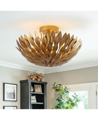 Antique Gold Olive Leaf 3-Light Semi Flush Mount Ceiling Light