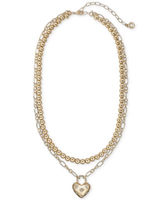 Gold-Tone Glass Crystal Beaded Paperclip Chain Heart Pendant Necklace