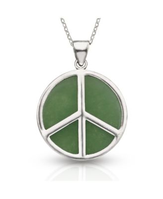 925 Sterling Silver 18 Inch Green Dyed Jade Peace Sign Necklace 25x32mm