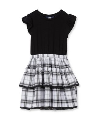 Girls' 4-16 Short-Sleeve Plaid Mixed-Media Dress