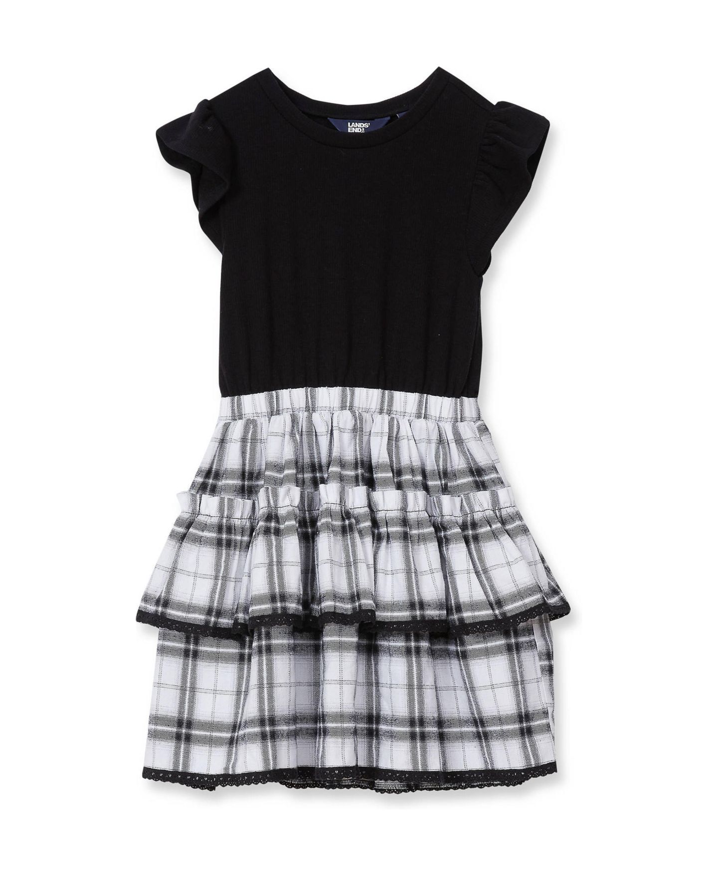 Платье Lands' End Short-Sleeve Plaid Mixed-Media Dress для девочек, цвет: Чёрный клетчатый — фото 1