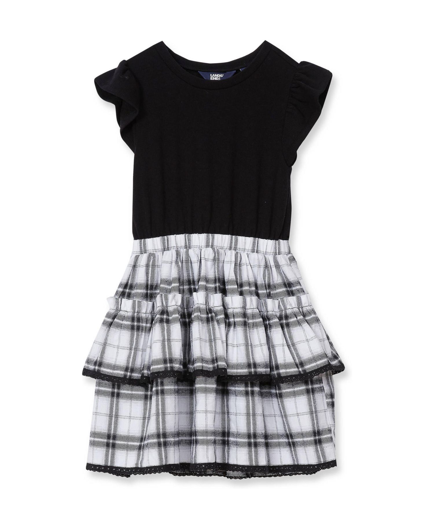 Girls' 4-16 Short-Sleeve Plaid Mixed-Media Dress