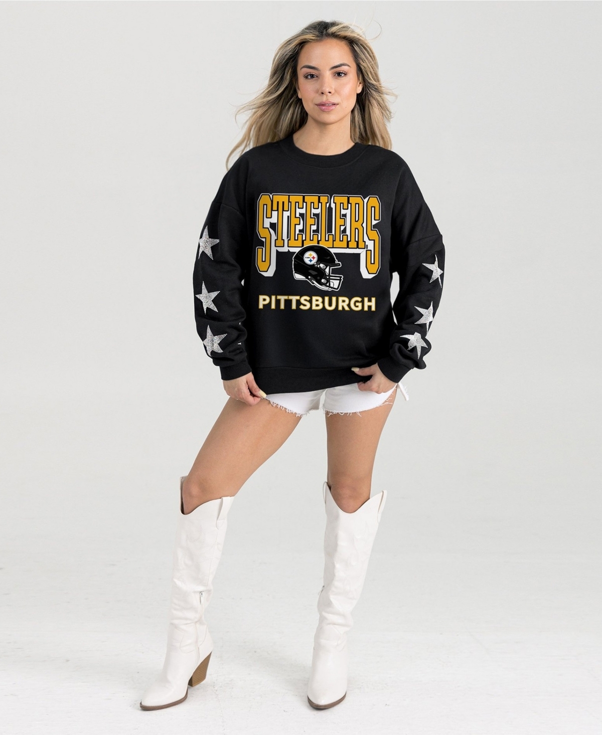 Gameday Couture Women's Pittsburgh Steelers Pure Victory Rhinestud Star-Sleeve Dropped-Shoulder Pullover Sweatshirt - Black