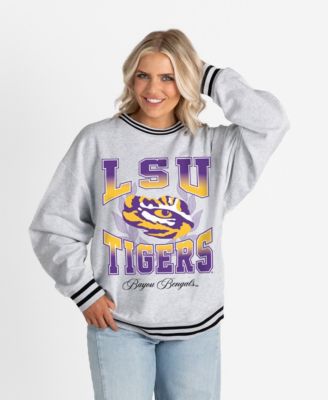 Women's Ash LSU Tigers Oversized Fade Route Ringer Stripe Sweatshirt