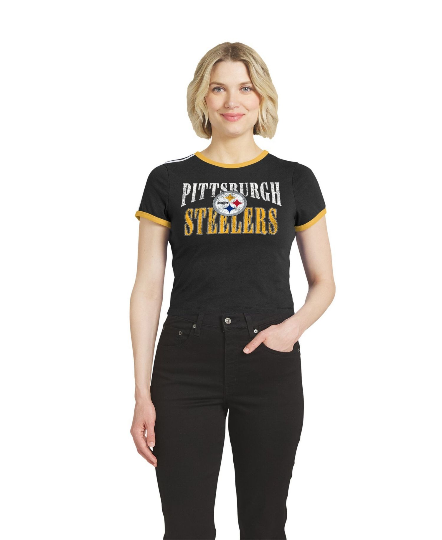 Women's Black Pittsburgh Steelers Cropped Throwback Ringer Baby T-Shirt