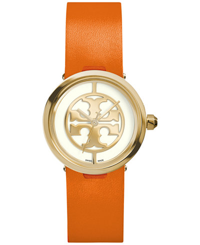 Tory Burch Women's Swiss Reva Orange Leather Strap Watch 28mm TRB4001