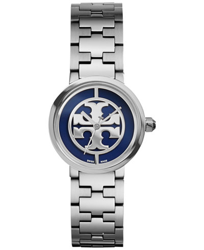 Tory Burch Women's Swiss Reva Silver-Tone Stainless Steel Bracelet Watch 28mm TRB4010