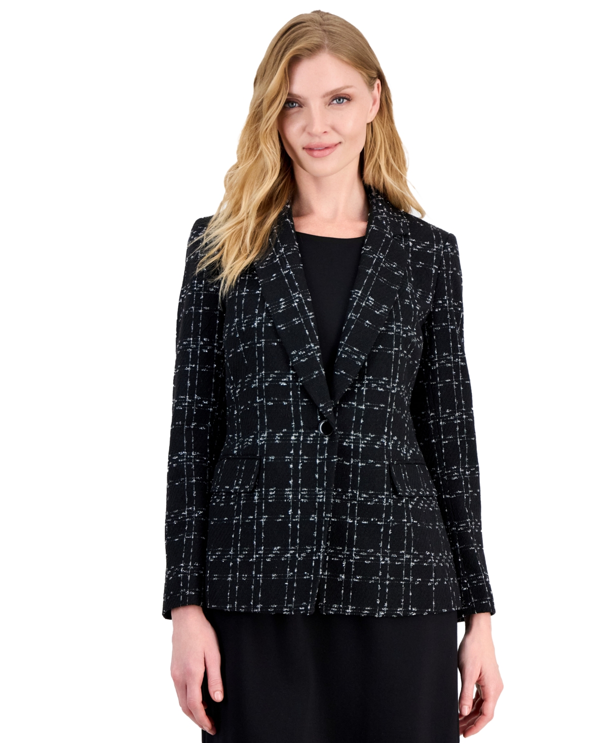 Kasper Petite One-Button Notch Collar Plaid Blazer - Black/Silver