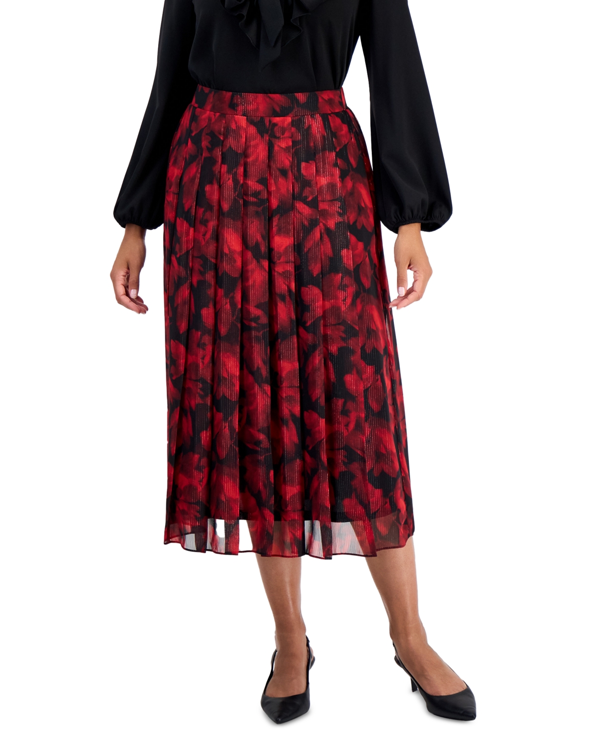 Kasper Women's Floral Metallic Pull On Pleated Midi Skirt - Fire Red Multi