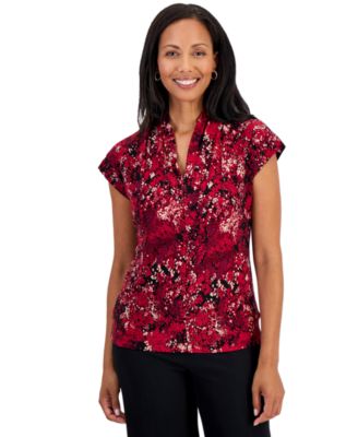 Women's Funnel Neck Cap-Sleeve Print Blouse