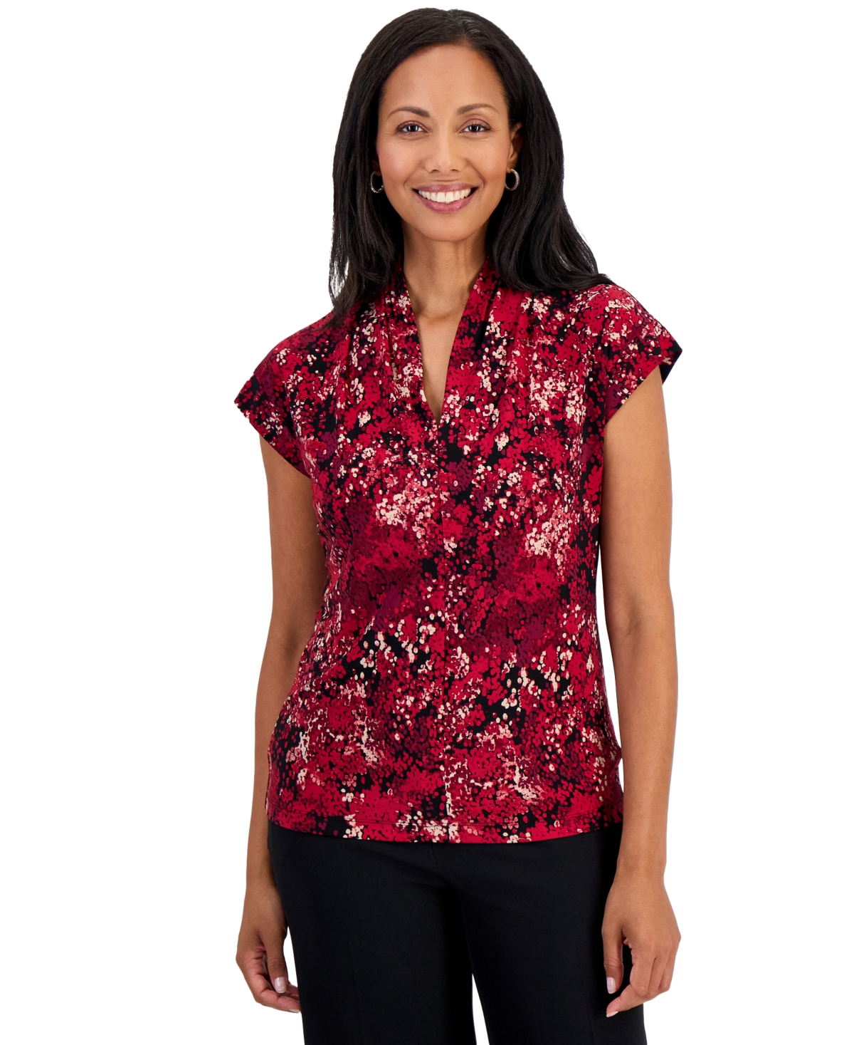 Kasper Petite Everyday Knit Floral-Print Funnel-Neck Blouse - Black Multi