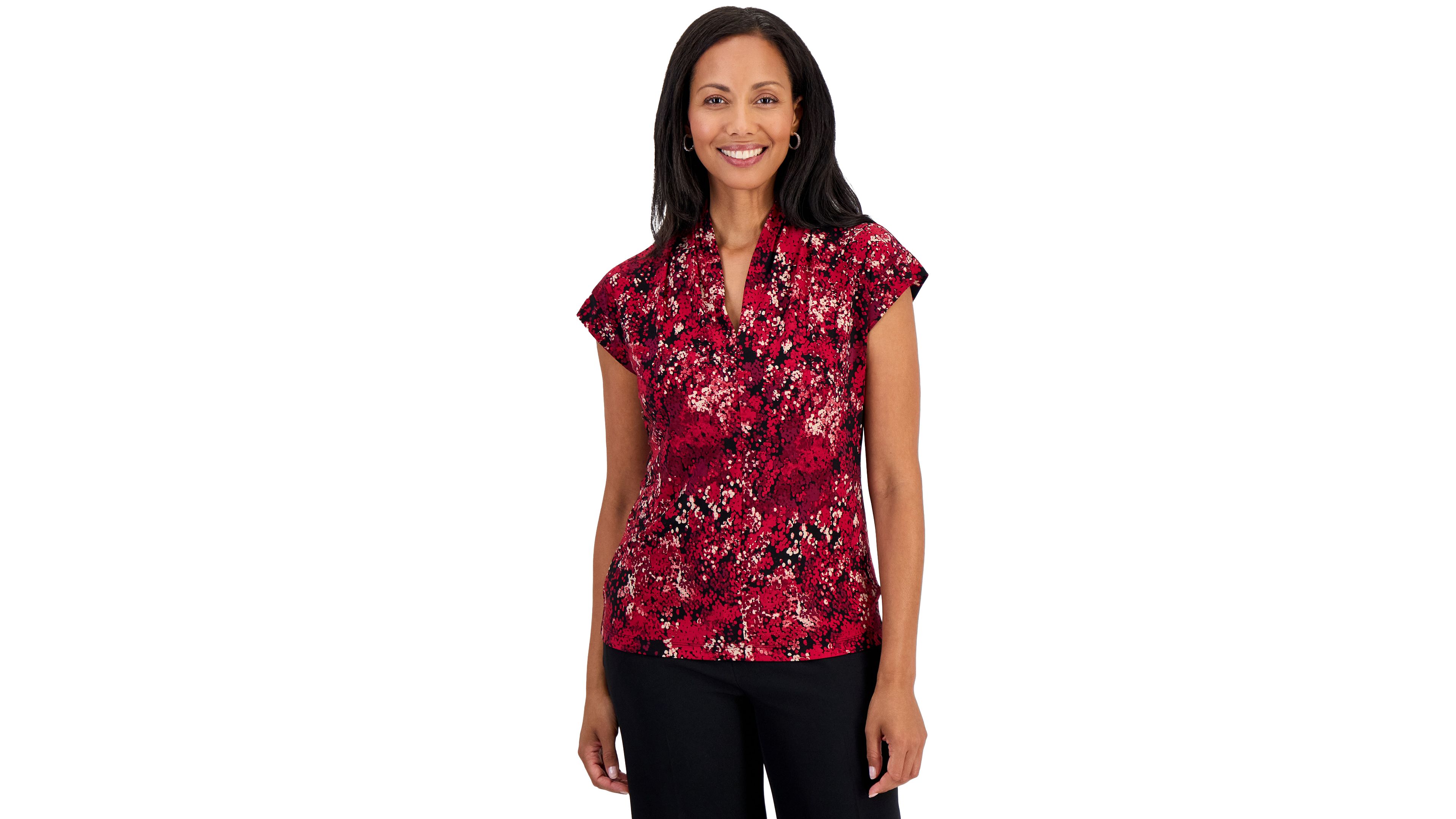 Kasper Womens Funnel Neck Cap Sleeve Print Blouse