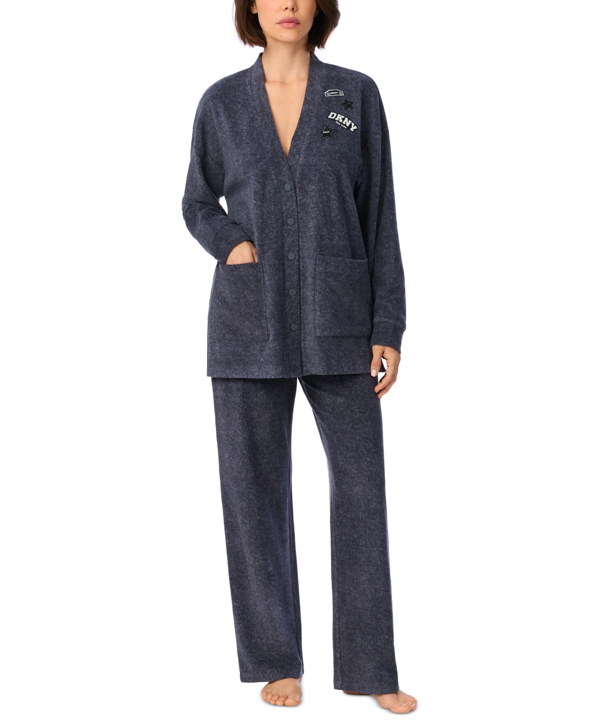 Dkny Women's Long-Sleeve Fleece Button-Front Top and Pants, 2-Piece Set - Gray