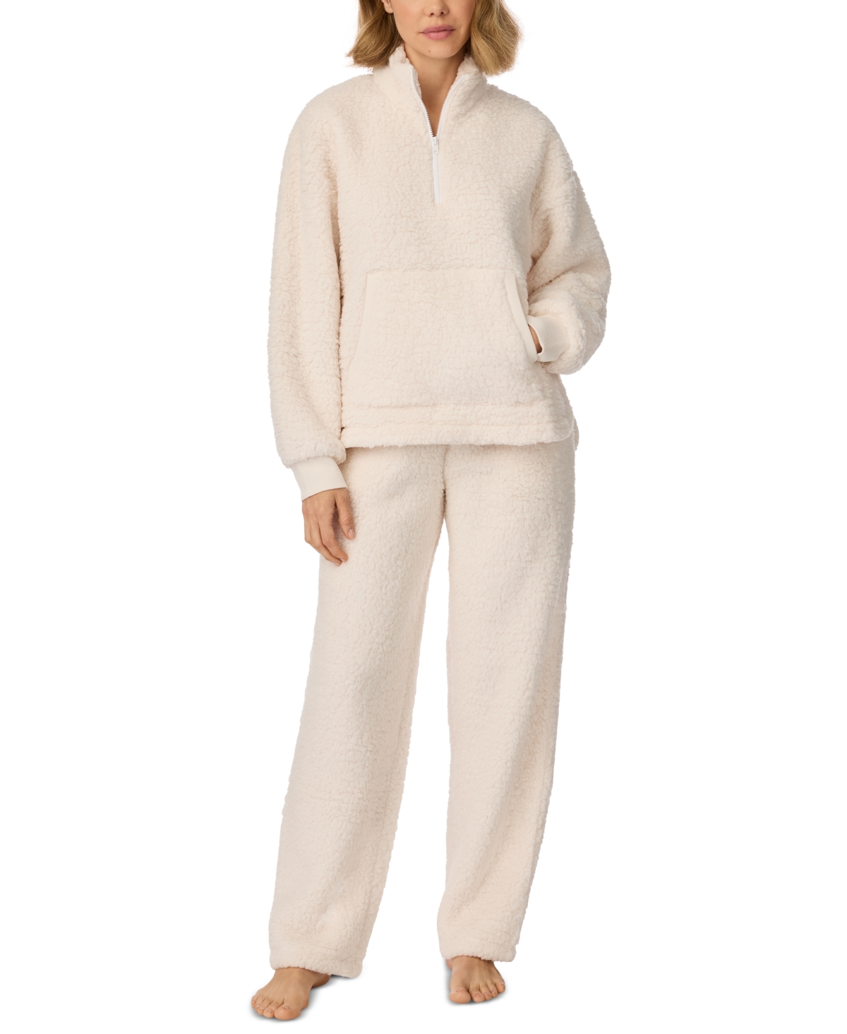 Dkny Women's Sherpa Quarter-Zip Long-Sleeve Top and Long Pants, 2-Piece Pajama Set - Ivory Grd