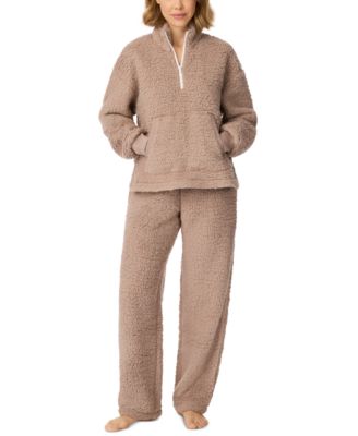 Women's Sherpa Quarter-Zip Long-Sleeve Top and Long Pants, 2-Piece Pajama Set