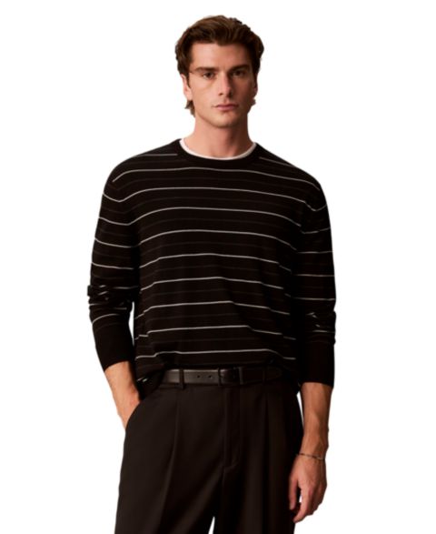 Мужской свитер Calvin Klein Merino Stripe Lightweight Crewneck, цвет: Чёрный