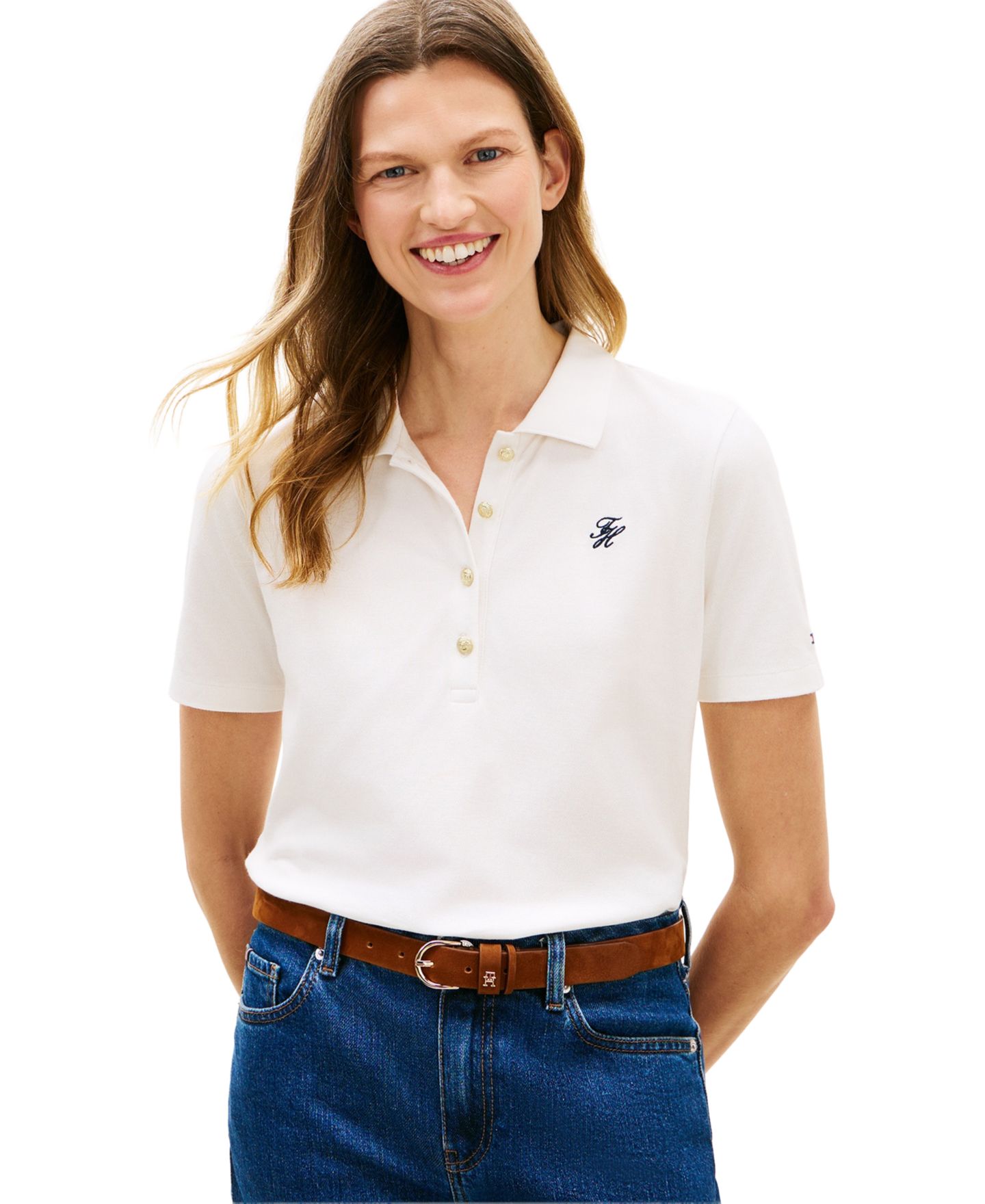 Женская футболка Tommy Hilfiger Script Logo Polo T-Shirt, цвет: Экрю — фото 1