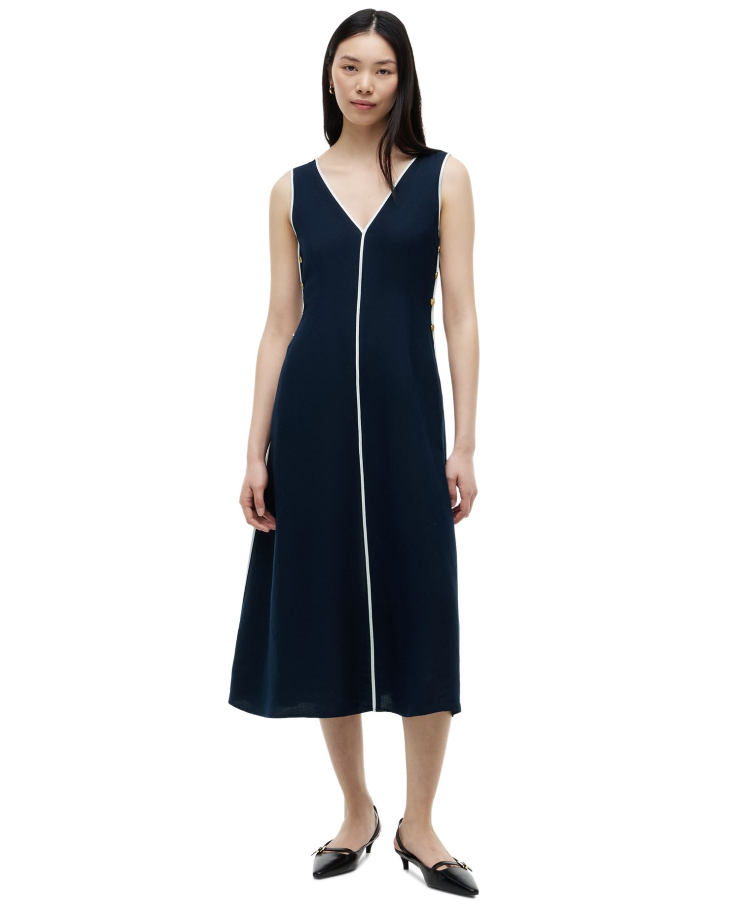 Women's Linen A-Line Midi V-Neck Dress