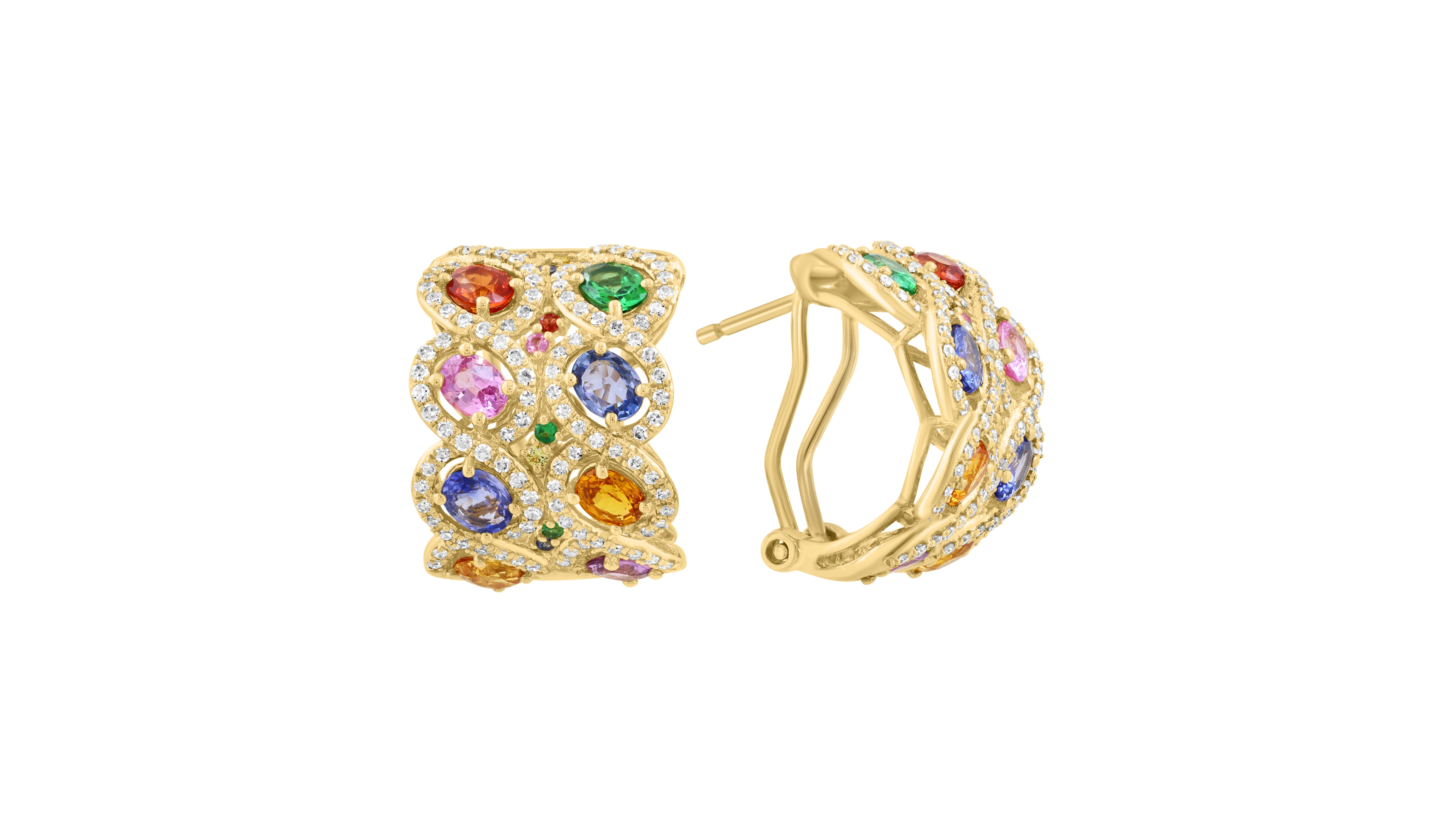 Effy Collection Diamond and Multi-Stone Huggie Earrings (5/8 ct. t.w. Diamond, 3-1/6 ct. t.w. Multi-Stone) in 14k Yellow Gold
