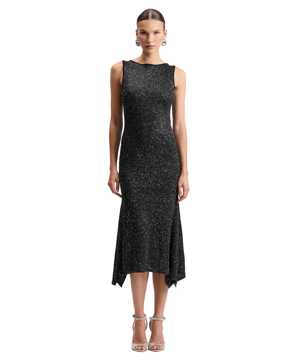 Avec Les Filles Women's Sequin Asymmetric Hem Midi Sweater Dress - Black