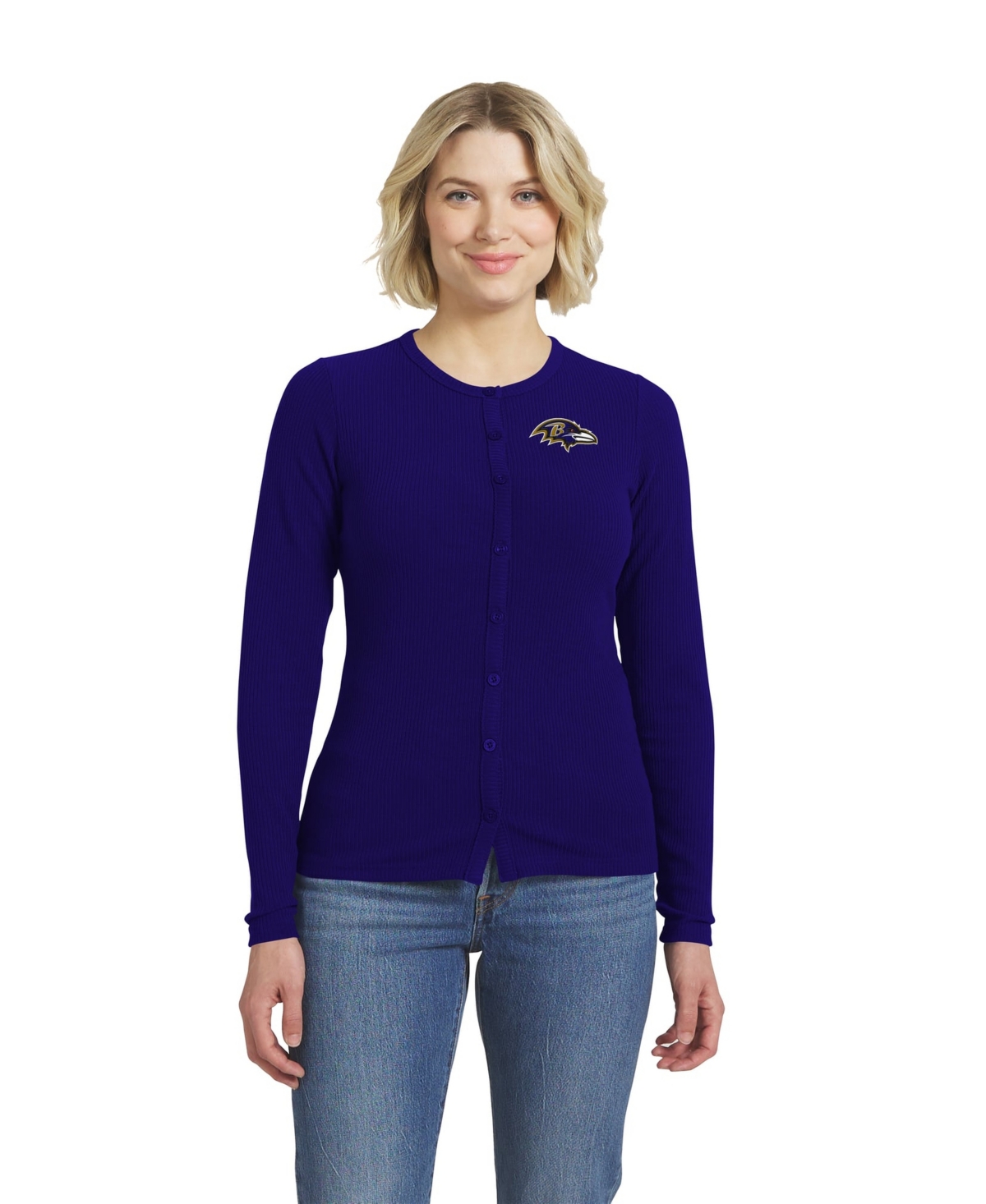 Wear by Erin Andrews Women's Purple Baltimore Ravens Ribbed Full-Button Cardigan Sweater