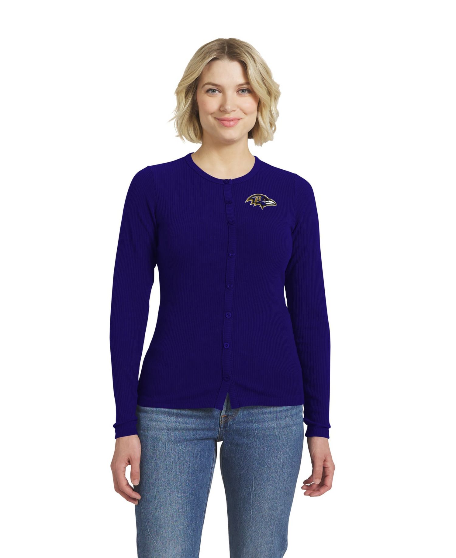 Women's Purple Baltimore Ravens Ribbed Full-Button Cardigan Sweater