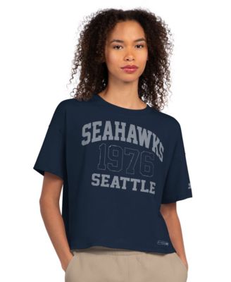Women's Navy Seattle Seahawks Rhinestone Boxy Cropped T-Shirt