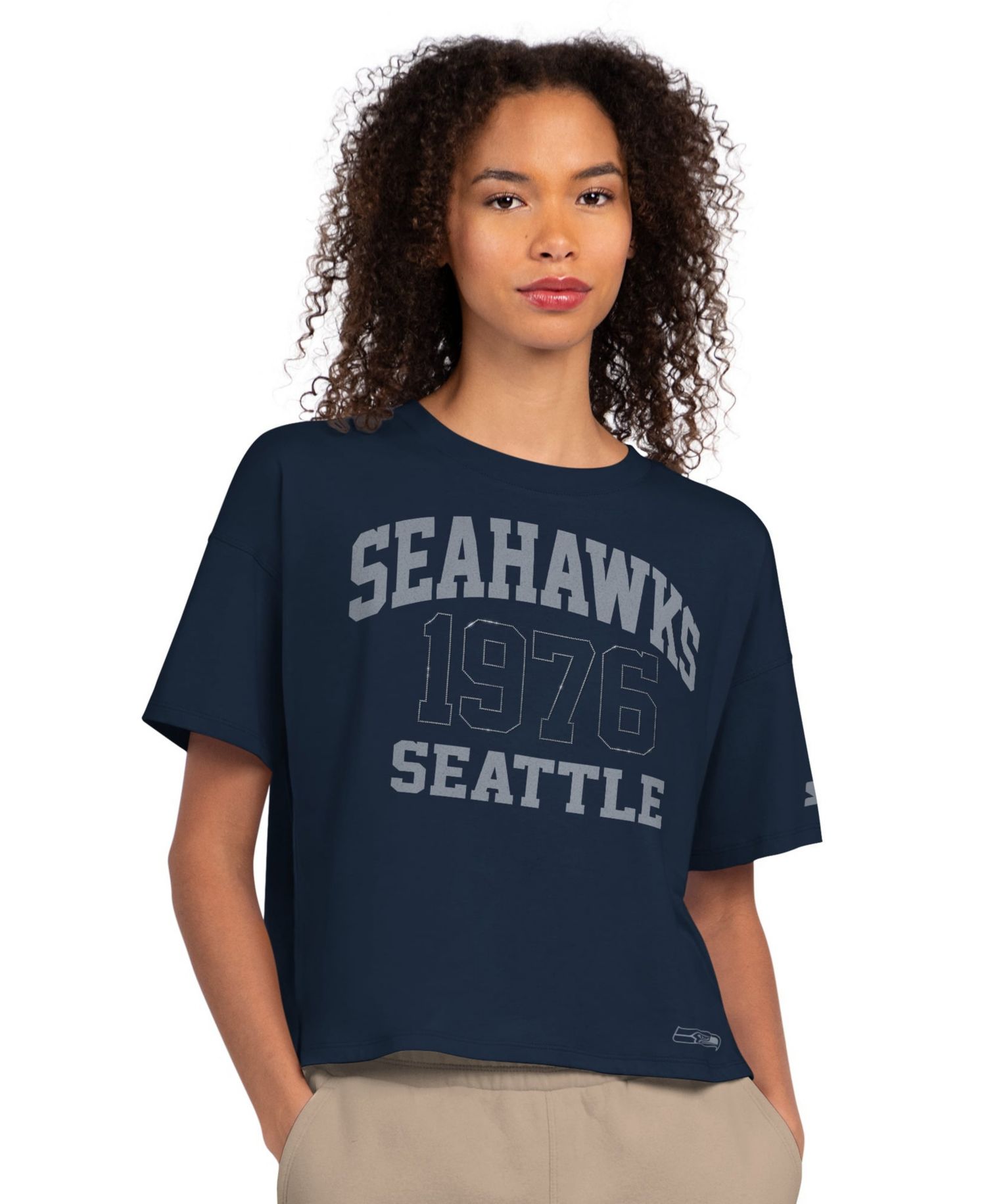 Women's Navy Seattle Seahawks Rhinestone Boxy Cropped T-Shirt