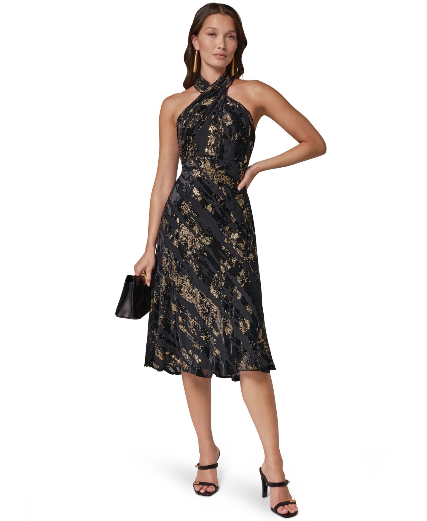 Женское платье Donna Karan New York Halter Velvet-Burnout Midi, цвет: Чёрный / Металлик золотой — фото 1