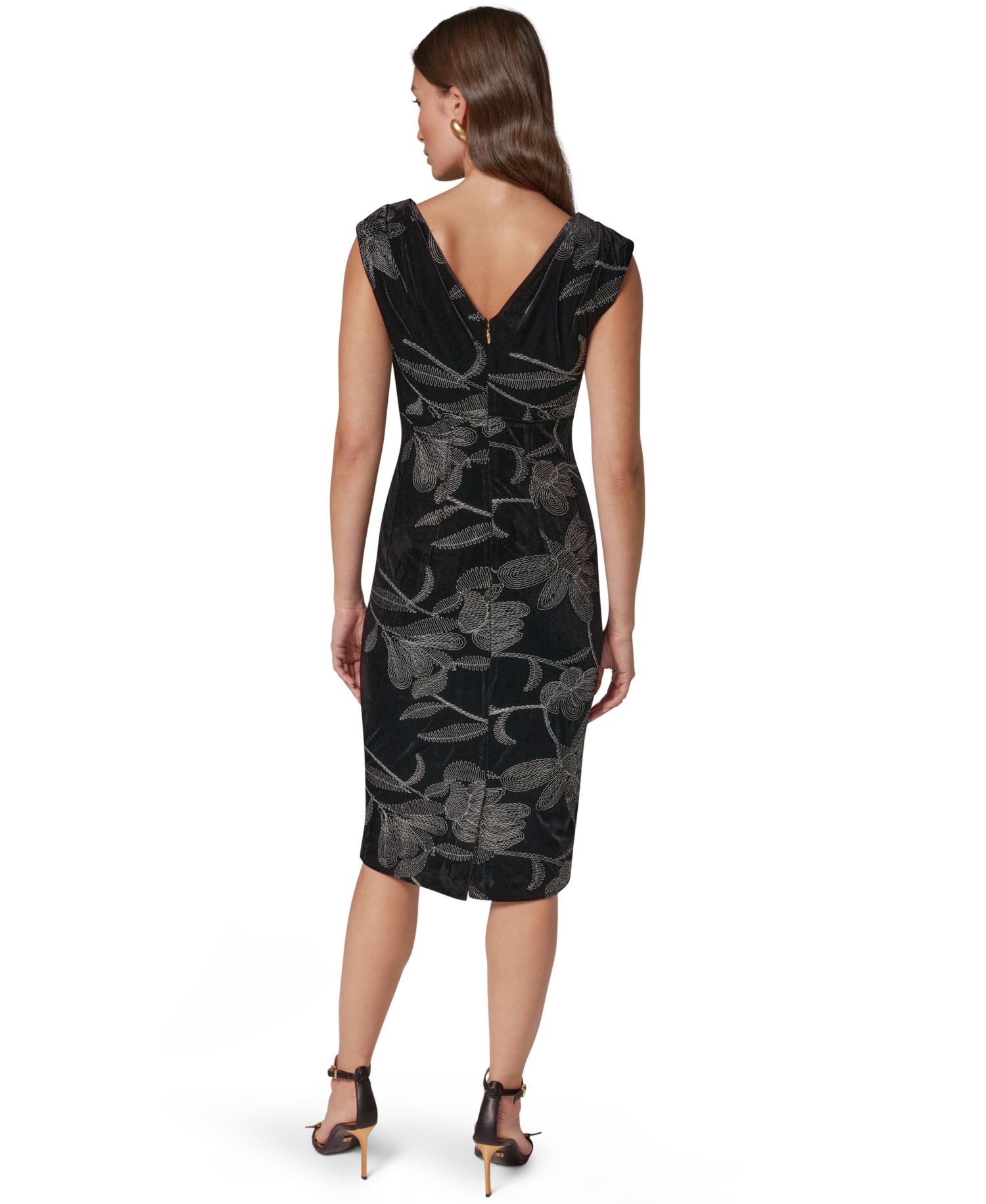 Women's V-Neck Embroidered Floral Velvet Sheath Dress